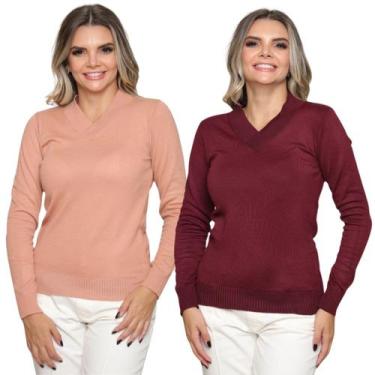 Imagem de Kit 2 Blusa Tricot Gola V Inverno Moda Casual - GIP, Nude, Bordô, Únic
