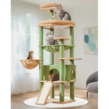 Imagem de Taoqimiao Árvore de gato de 182 cm para gatos grandes, torre alta de vários níveis, condomínio para gatos alargado com grande quadro de arranhões, 5 postes para arranhar, rede de metal, cesta