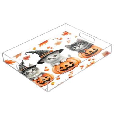 Imagem de xigua Bandeja de servir de acrílico fantasma de Halloween com alças à prova de derramamento, bandejas decorativas de festa de Halloween, bandeja organizadora de bancada para banheiro, cozinha, 30,5 x