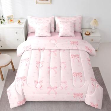 Imagem de Erosebridal Conjunto de edredom de princesa com laço rosa em uma bolsa, tamanho solteiro, 7 peças, decoração de quarto, laço de fita e nó de cama com lençol