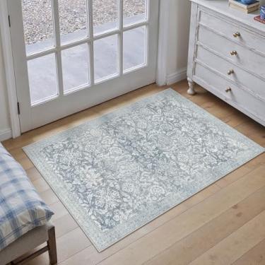 Imagem de PureCozy Tapete de área azul 5 x 7 cm lavável tapete de porta de entrada tapete vintage antiderrapante pequeno camada baixa cozinha banheiro tapete retrô acento entrada quarto escritório sala de estar