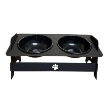 Imagem de Comedouro Pet Duplo MDF Pintado com 2 Tigelas aluminio 300ml | Suporte Elevado Cães e Gatos(preto pote plástico)