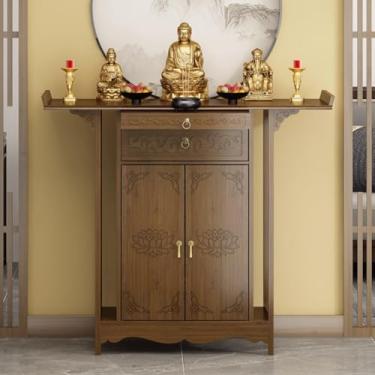 Imagem de Mesa de altar de santuário de bambu - Armário de nicho de Buda chinês com gaveta, mesa de meditação e incenso para casa, altar budista (120 x 39 x 108 cm) - decoração espiritual