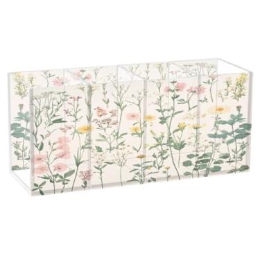 Imagem de Burbuja Porta-canetas de acrílico retrô Wildflowers com 4 compartimentos, suporte de lápis transparente para pincéis de maquiagem, acessórios de mesa de escritório em casa