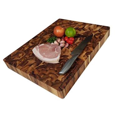 Imagem de Tábua De Cortar Fatiar Churrasco Sovar Massas De Madeira Teca Tamanho Extra Grande 3,8 x 46 x 61 cm Atóxica Colagem Invertida End Grain Acabamento Óleo Mineral + Cera de Abelha