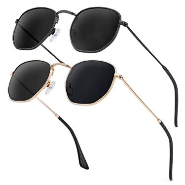 Imagem de KALIYADI Óculos de sol para mulheres e homens, proteção UV quadrada polarizada, óculos de sol hexagonais modernos com armação de metal, A1 (pacote com 2) preto/cinza + ouro/cinza (Hexagonal)