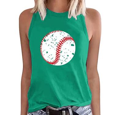 Imagem de Tops de verão para mulheres 2023 Crewneck sem mangas estampa de beisebol gráfico solto ajuste túnica blusas casuais Na moda Estampado Esporte peplum plissada Camiseta F78-Verde Large