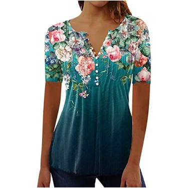 Imagem de Top Henley de verão para mulheres, renda, manga curta, botão, gola V, túnica, camiseta solta, estampada, blusa casual Havaí Na moda listrado feminino com flor floral J62-Verde Large