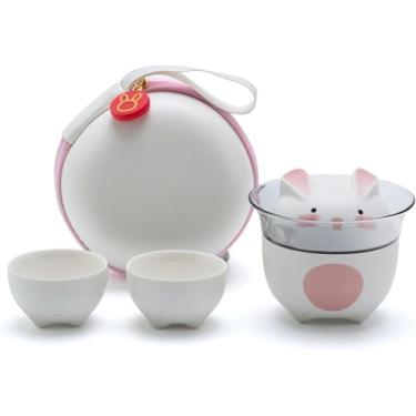 Imagem de Conjunto de chá Gaiwan portátil com saco/estojo, conjunto de chá de coelho fofo para um, bule chinês Gongfu com xícaras de chá, conjunto de chá para um de viagem de cerâmica, branco
