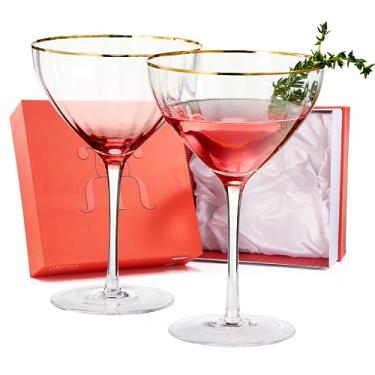 Imagem de Copos Waterfall Martini, Champagne & Cocktail Coupe | Conjunto de 2 | Copos grandes em forma de balão de aro dourado vermelho e rosa, cor ondulada vibrante, haste alta, presente de aniversário, mamãe,