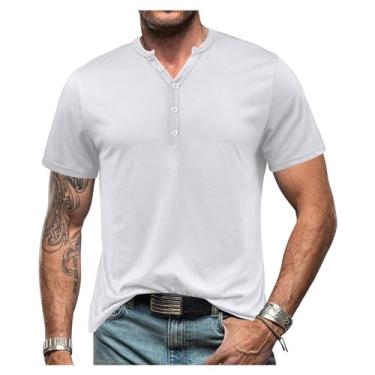 Imagem de Camisetas masculinas manga curta cor sólida abotoado gola V pulôver casual esportes Henley Tees, Branco, M