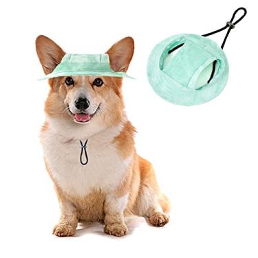 Imagem de HDKUW Chapéu de balde para cães, boné redondo para cães com orifício de orelha, chapéu esportivo ajustável para viagens ao ar livre, proteção solar, para gatos, pequenos, médios, verde, P