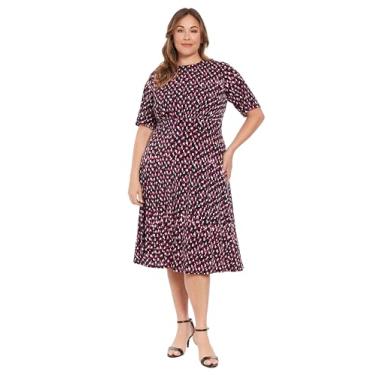 Imagem de London Times Vestidos de trabalho elegantes de meia manga até o meio da panturrilha para mulheres, Preto/orquídea, 25 Plus Size