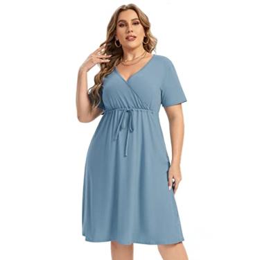 Imagem de KOJOOIN Vestido plus size feminino plus size casual com estampa floral, manga curta, gola V, vestido com babados, Azul-Cs*kj, GG