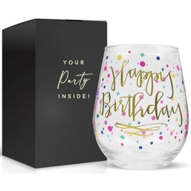 Imagem de Your Dream Party Shop Taça de vinho Happy Birthday, taça de vinho de feliz aniversário sem haste de 623 g com estampa dourada, taça de aniversário perfeita para adultos, taças de vinho de feliz