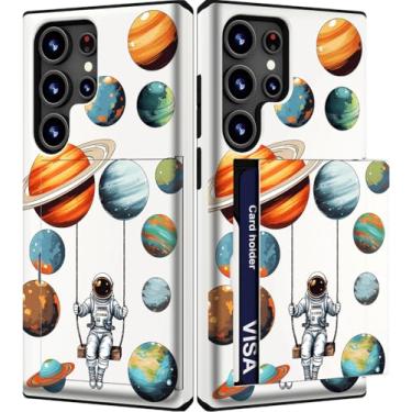 Imagem de IWONE Capa para celular compatível com Samsung Galaxy S25 Ultra fofa com porta-cartões/carteira fina à prova de choque para mulheres/astronauta planetas espaciais astronauta cosmo galáxia
