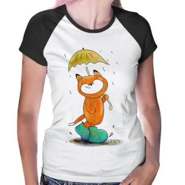 Imagem de Baby Look Raglan Raposa Fofinha Na Chuva - Foca na Moda, Branco, Preto