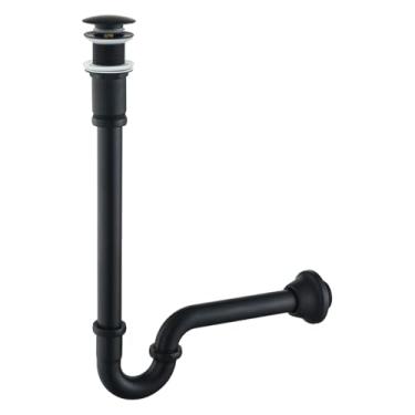 Imagem de Armadilha P de latão com rolha de dreno pop-up, em forma de U, tubo de drenagem para pia de tubulação de extensão de junta deslizante, tubo de drenagem de pia de 30,5 cm com altura ajustável, preto