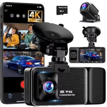 Imagem de Câmera veicular 4K frontal e traseira com 3 canais, controle por aplicativo WiFi 5G, GPS integrado, visão noturna, tela IPS de 3", sensor G, gravador de vídeo com gravação em loop