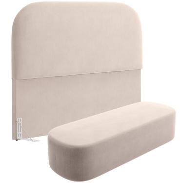 Imagem de Cabeceira Cama Box King 195cm Lanna Com Puff Recamier Doha W01 Suede Bege - Lyam Decor