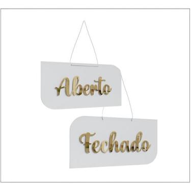 Imagem de Placa Aberto Fechado Em Acrílico - Quatro K Decor, Branco com Dourado