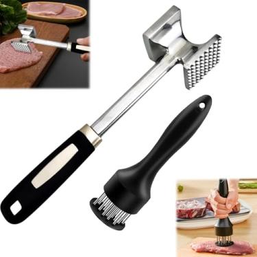 Imagem de Conjunto de amaciador de carne 2 em 1 – martelo resistente e ferramenta de agulha de 16 lâminas para bifes, frango, porco – martelo de cozinha de aço inoxidável e ferramenta de amaciamento para