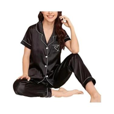 Imagem de Conjunto de Pijama Feminino de Cetim - Manga Curta, Botões, Bolso e Bo