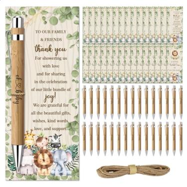Imagem de 30 peças de presentes de chá de bebê na selva, prêmios de lembrança de revelação de gênero, lembrancinhas de chá de bebê para 30 convidados, cartões de felicitações de bambu incluídos, decorações de
