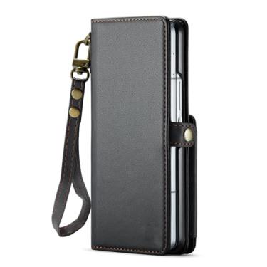 Imagem de HAOMRIYL Capa carteira para Samsung Galaxy Z Fold 7, capa flip de proteção à prova de choque com compartimentos para cartão e alça de pulso capa de couro retrô, preta, ZFOLD 7