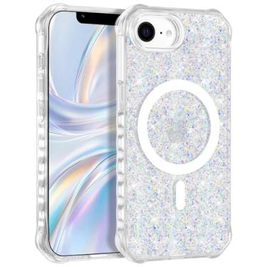 Imagem de Casehas Capa para iPhone 16e, compatível com MagSafe, transparente, brilhante, à prova de choque, fina, antiderrapante, militar, proteção contra quedas, capa rígida com glitter prata