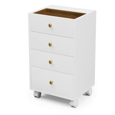 Imagem de JanflyHome Gavetas sob a mesa, armário de armazenamento vertical para mesa de escritório, baú de 4 gavetas com tampo de vidro, suporte pequeno para impressora móvel com rodas bloqueáveis, branco