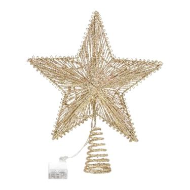 Imagem de Cabilock 1 peça de topo de árvore brilhante, estrela de Natal, topo de LED, topo de árvore de Natal iluminado, decoração de ratã, estrela de cinco pontas, fio de cobre, luzes decorativas, pentagrama
