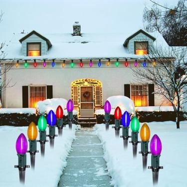 Imagem de Luzes de caminho de Natal C9 de 9,6 m ao ar livre, 25 C9 LED multicolorido luzes de estacas de caminho de Natal à prova d'água, luzes de passarela de Natal ao ar livre para quintal gramado calçada