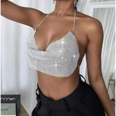 Imagem de B0406-Blusa Top Cropped Dourado Prateado Preto Sutiã Strass Brilho Fes