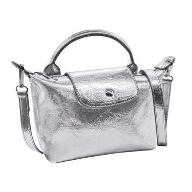 Imagem de Long Keeper Pequena bolsa tiracolo feminina de couro sintético metálico bolsa de ombro mini bolsa de mão com zíper alça superior bolsa Hobo, Prata metálica., Bolsa de ombro pequena vintage de couro