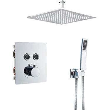 Imagem de CUTPOIY Conjunto de chuveiro sistema de chuveiro termostático oculto conjunto de torneira de chuveiro de latão montado na parede com chuveiro de mão e chuveiro de chuva tecnologia avançada de injeção