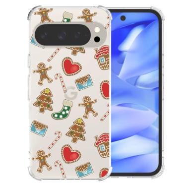 Imagem de CAROKI Capa de celular de Natal para Google Pixel 9 Pro XL - Capa protetora de TPU flexível transparente e macia com design de biscoito do Papai Noel, capa antiderrapante à prova de choque para