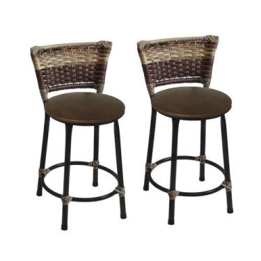 Imagem de Kit 2 Banquetas Baixas Preta com Encosto Junco Capuccino Assento Marro