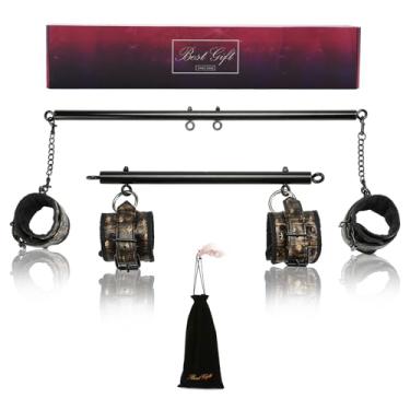 Imagem de Conjunto de 2 barras pretas Spreader em aço inoxidável expansível para academia doméstica com 4 peças pretas com alça ajustável dourada, kit de auxílio esportivo, kit de auxílio de pilates, kit de