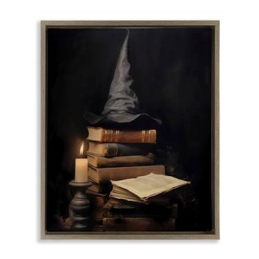 Imagem de Stupell Industries Bookstack and Witch Hat Gold Framed Floater Canvas Wall Art, design by LSR Design Studio, 78 x 63 cm