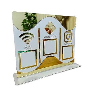 Imagem de Placa Display de Mesa e Balcão para QR Code WIFI PIX INSTAGRAM no MDF Branco e Acrílico Espelhado(Dourada)