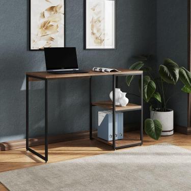 Imagem de Mesa Escritório Berlim Industrial Com Prateleira Ferro Preto Tampo 110x46 Amêndoa