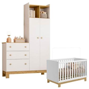 Imagem de Berço Americano Infantil Mini Cama 4315 E Guarda Roupa Com Cômoda 4970 Slim Branco Acetinado - Qmovi