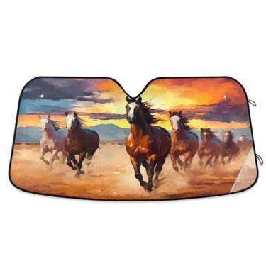 Imagem de ATTX Para-brisa de carro vermelho laranja marrom cavalos 144.8 cm x 80.0 cm escudo solar universal com proteção UV, persiana de janela frontal automática dobrável para caminhões Sedans SUVs #472