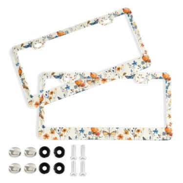 Imagem de SEHANY Molduras de placa de licença de flores florais coloridas, capas de moldura de placa de carro de alumínio à prova de ferrugem com orifícios elípticos e parafusos serve para veículos padrão dos