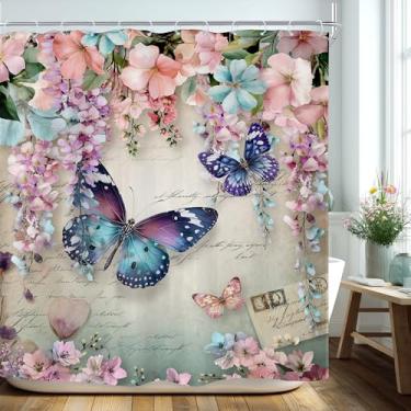 Imagem de Riyidecor Cortina de chuveiro borboleta floral 182x182 cm primavera rosa azul flores vintage roxo lavanda chorando flor de glicínia envelope decoração de banheiro tecido poliéster impermeável pacote