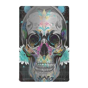 Imagem de JUZIHAI Lençol de berço de Halloween para meninos e meninas, capa de colchão de bebê com caveira de esqueleto colorido, macio, elástico, respirável, para berço padrão e cama infantil, 132 x 71 cm