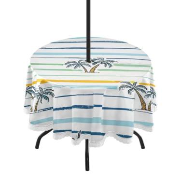 Imagem de Qilmy Toalha de mesa redonda à prova d'água Cocoanut Tree de 152 cm com orifício para guarda-chuva e zíper – uso externo / interno resistente para pátio, churrascos, piqueniques, festas (serve para