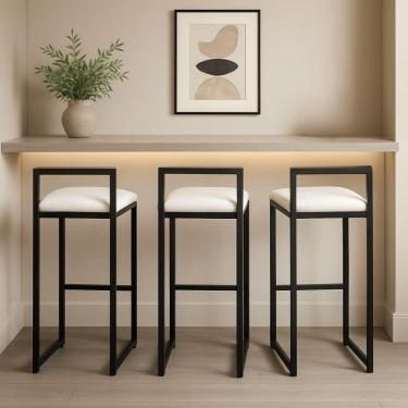 Imagem de Kit 3 Banquetas Corino Ferro Cozinha Balcão Alta Bistro Branco