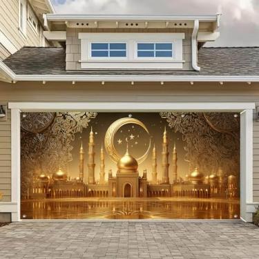 Imagem de HOMETITUTE Ramadã Faixa de porta de garagem 4 x 1,8 m Eid Celebração Garagem Banner Pendurado Lua Crescente Mesquita Arquitetura Dourada Decoração para Eid Celebração Exterior Ramadã Mubarak Cobertura